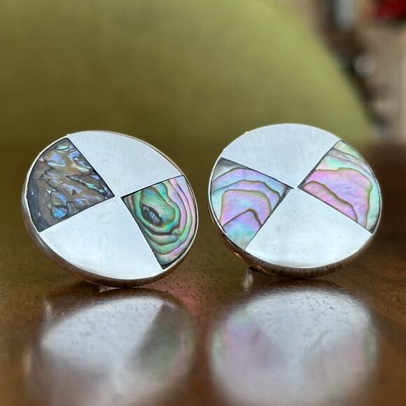 Taxco Sterling Silver Abalone Cufflinks Inlayed Mother of Pearl Round Vintage - Picture 13 of 13